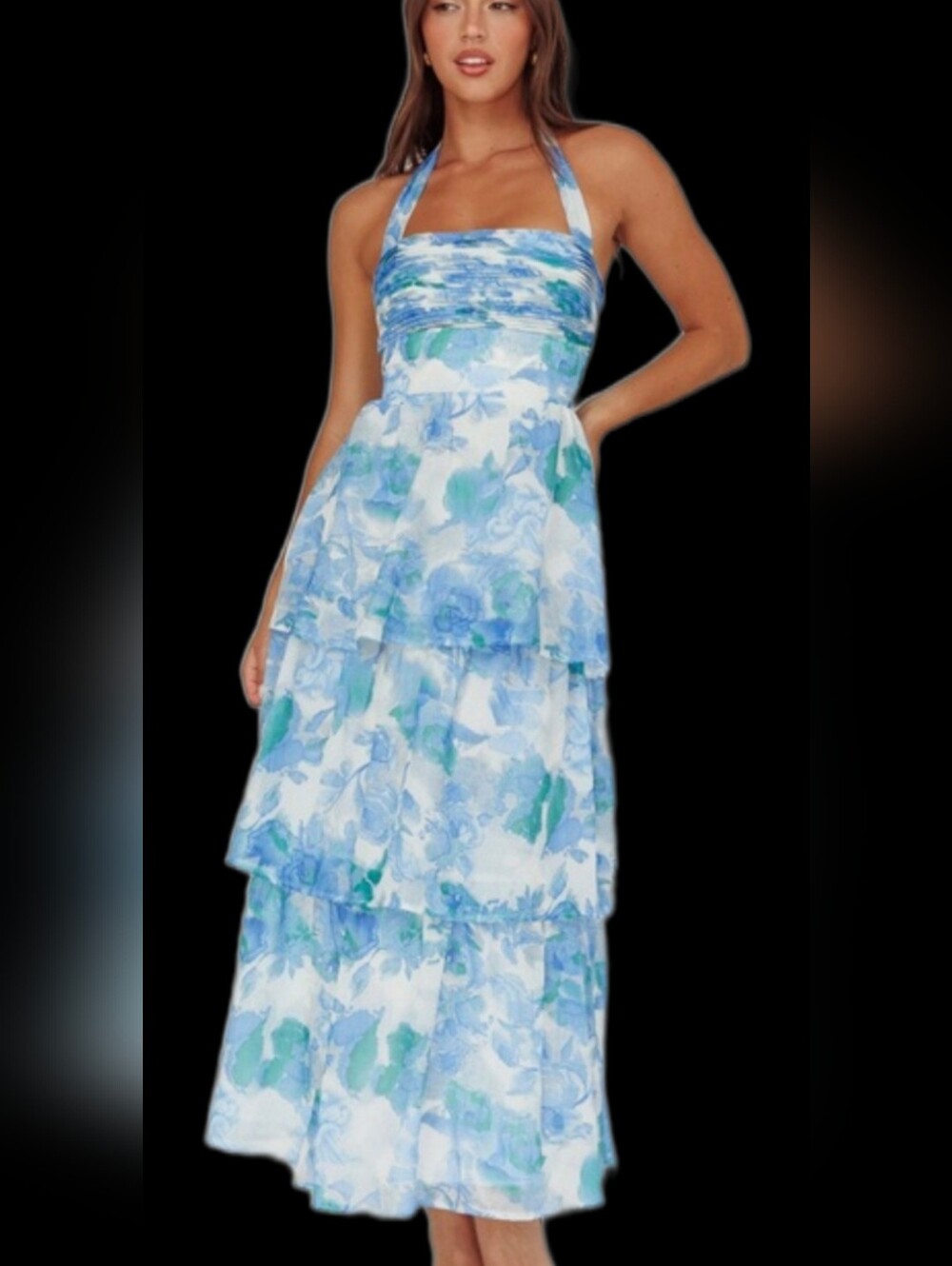 NWT- HERE COMES THE SUN Blue & White Floral Tiered Halter Dress